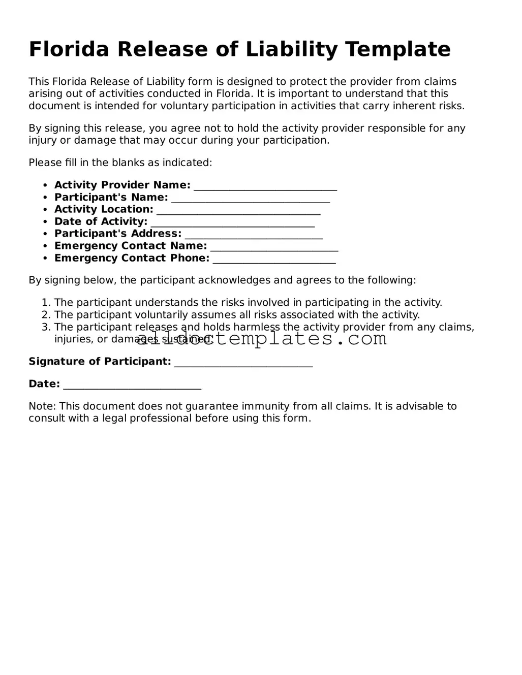 Free Release of Liability Document for Florida State