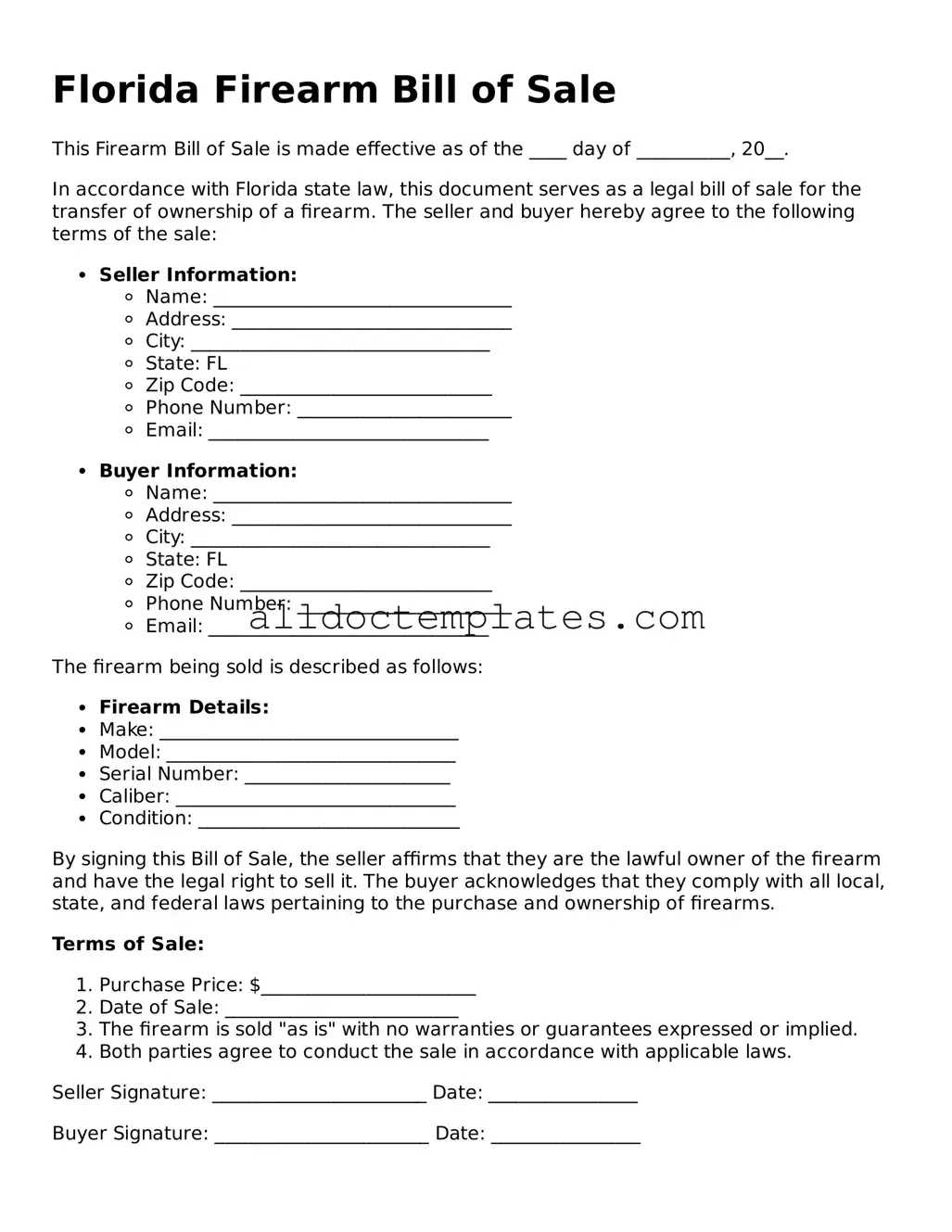 Free Firearm Bill of Sale Document for Florida State