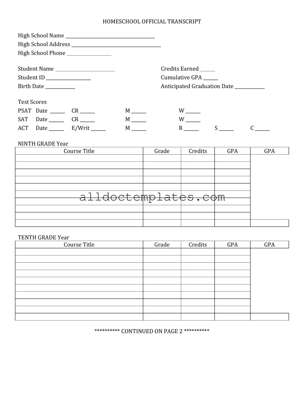 Fill in a Valid High School Transcript Form