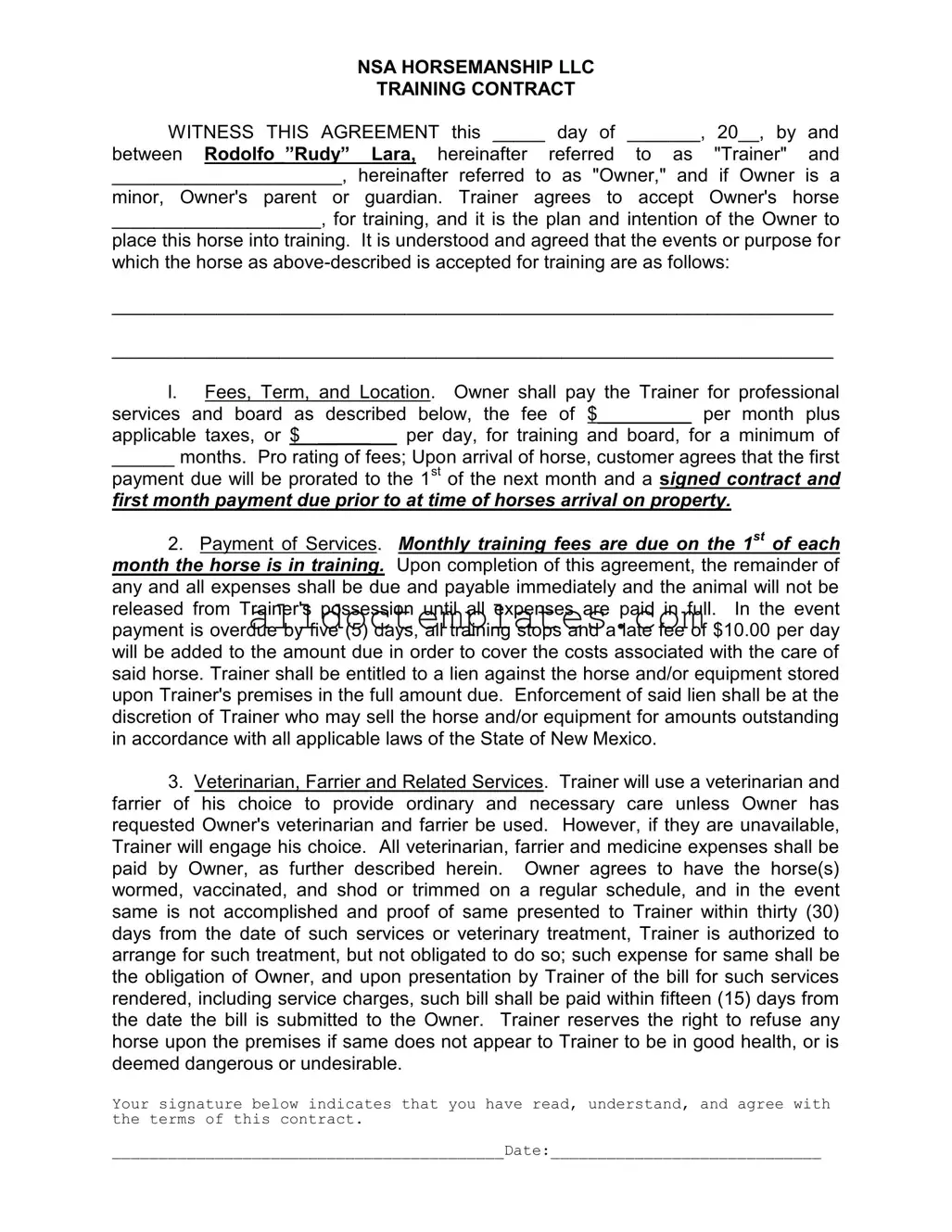 Fill in a Valid Horse Training Contract Form
