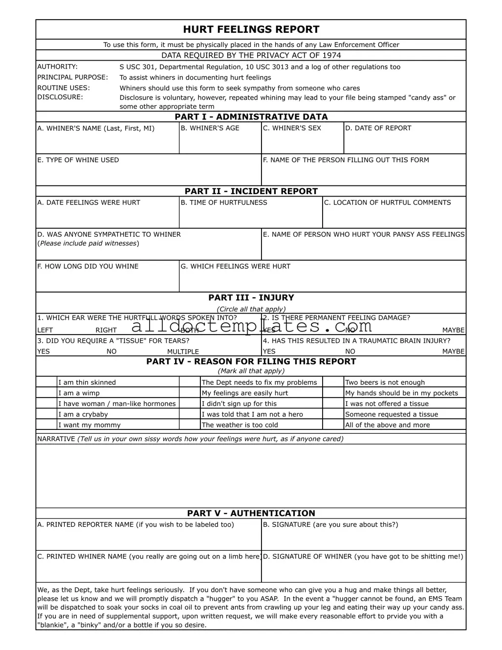 Fill in a Valid Hurt Feelings Report Form