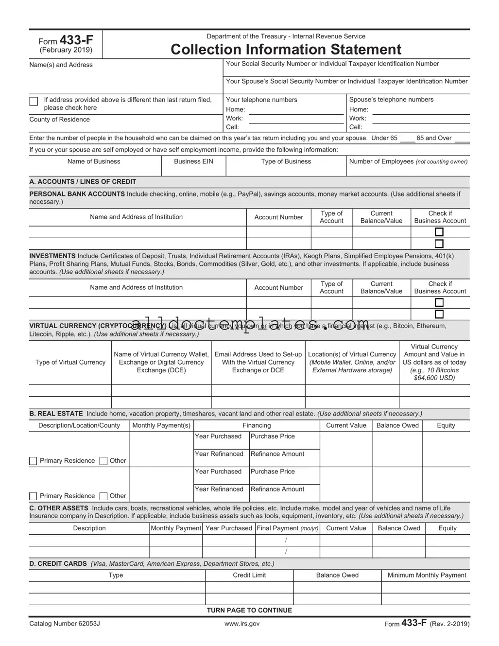 Fill in a Valid IRS 433-F Form