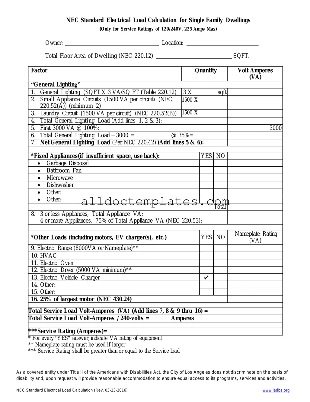 Fill in a Valid LADBS NEC Standard Electrical Load Calculation Form