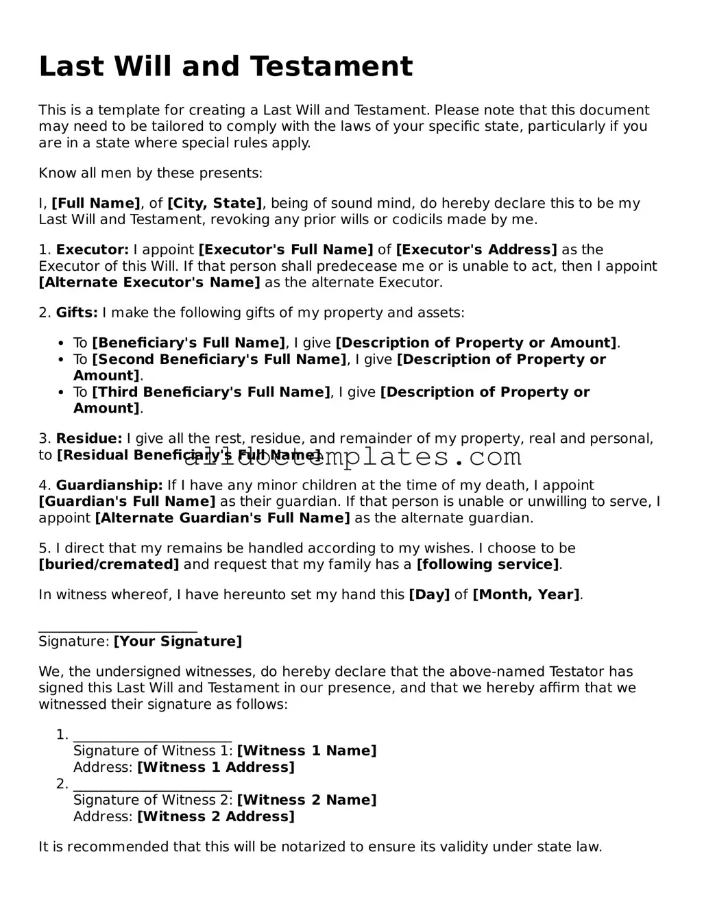 Valid Last Will and Testament Template
