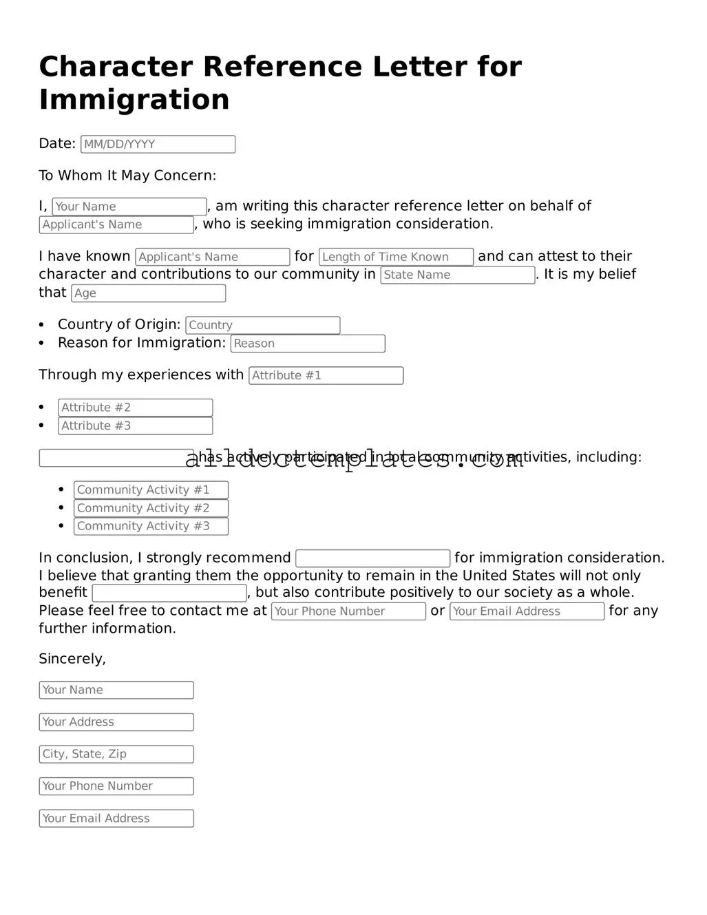 Valid Character Reference Letter for Immigration Template