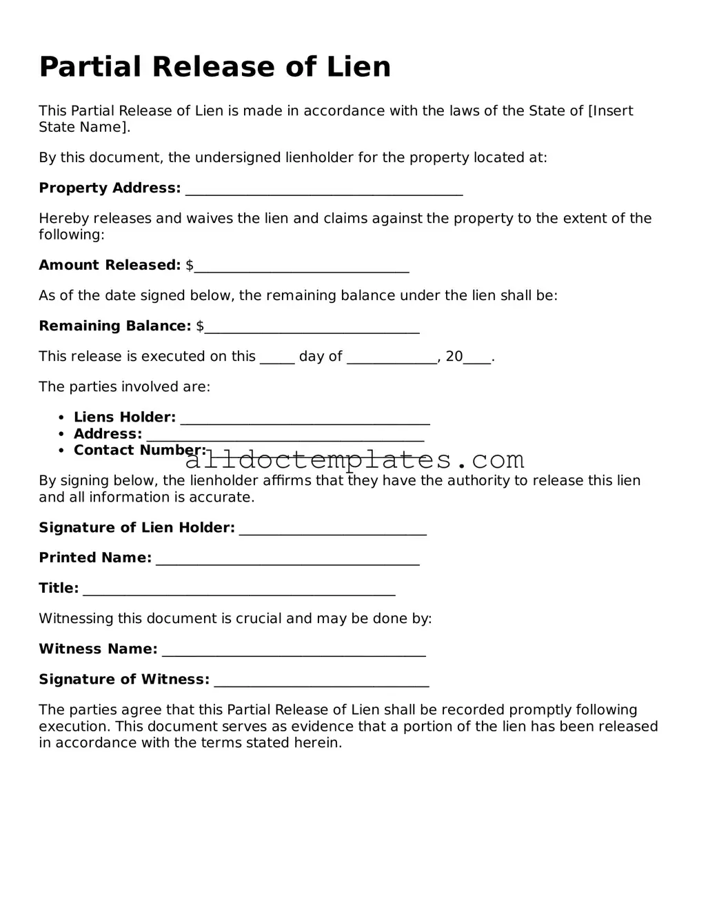 Valid Partial Release of Lien Template