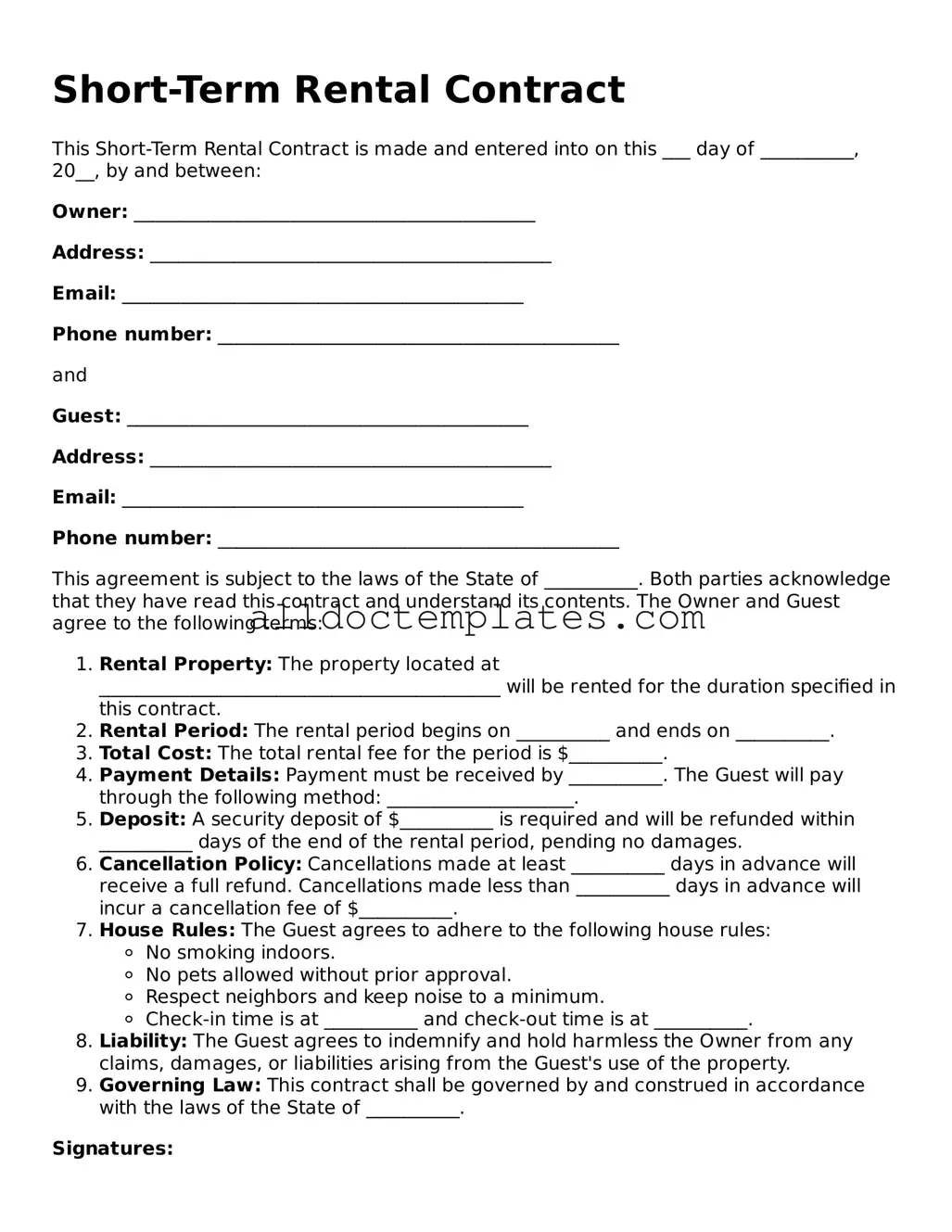 Valid Short-Term Rental Contract Template