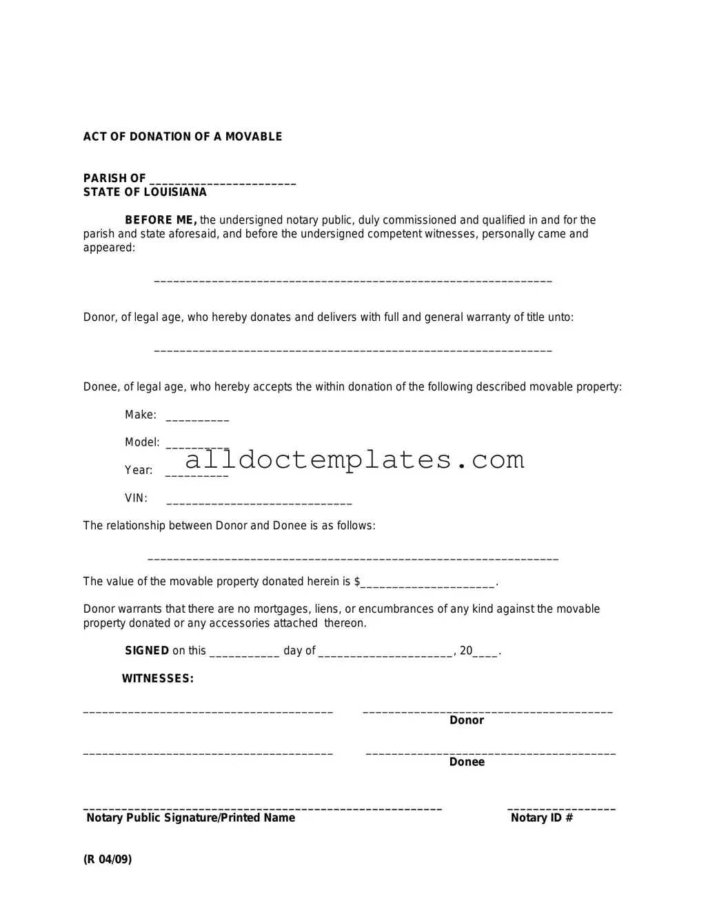 Fill in a Valid Louisiana act of donation Form