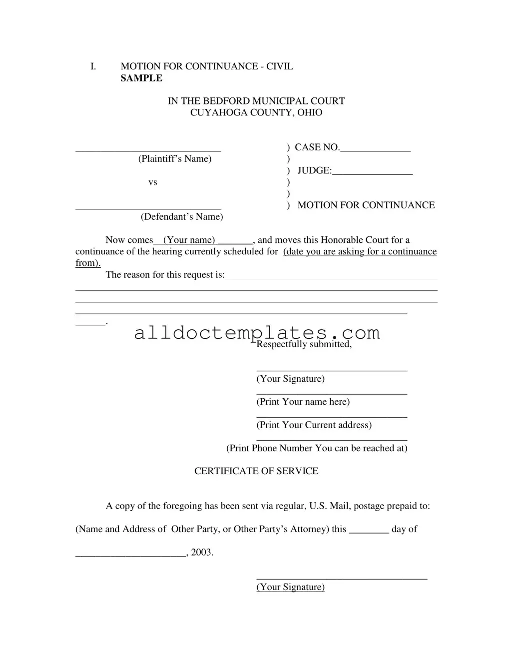 Fill in a Valid Motion For Continuance Form