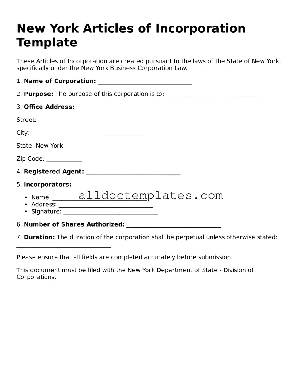 Free Articles of Incorporation Document for New York State