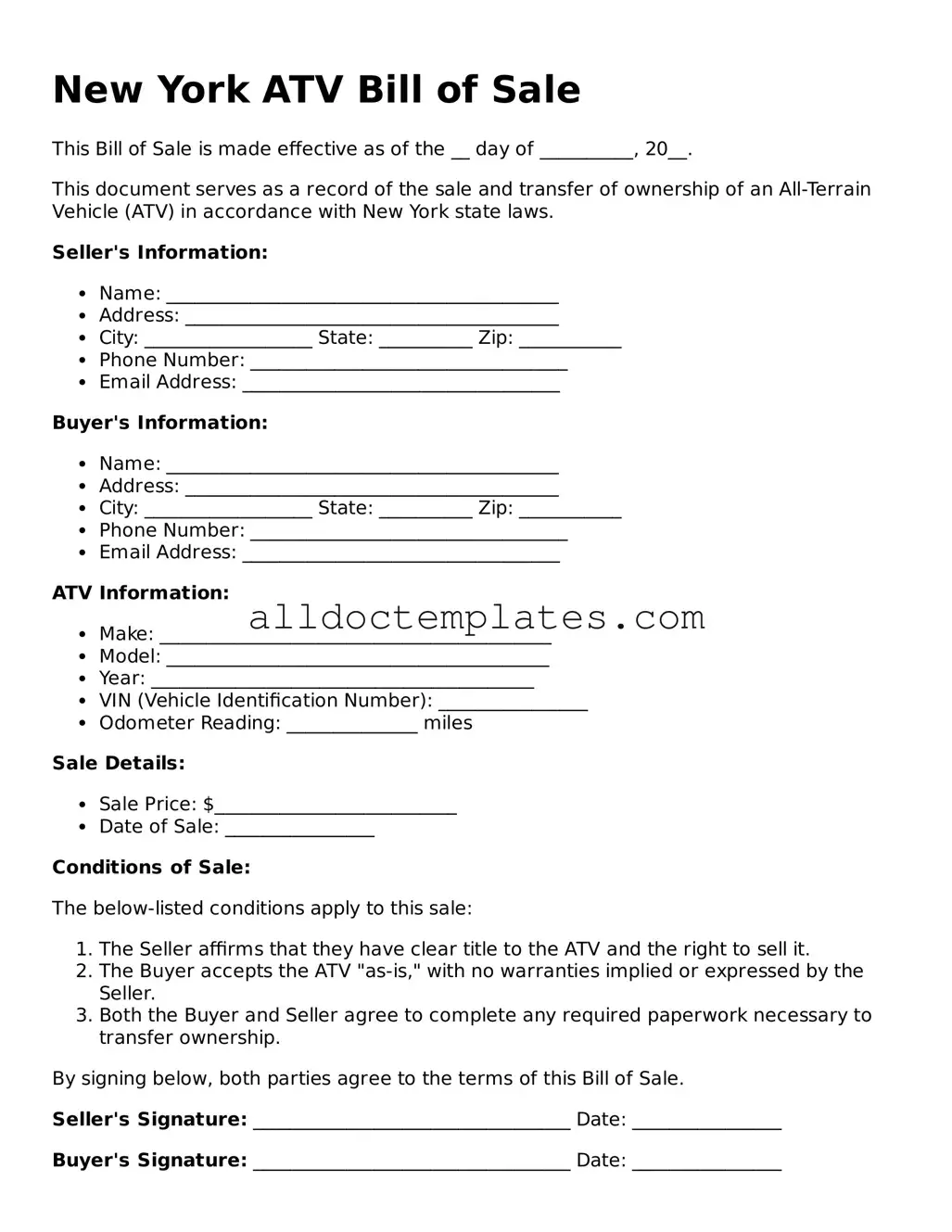Free ATV Bill of Sale Document for New York State