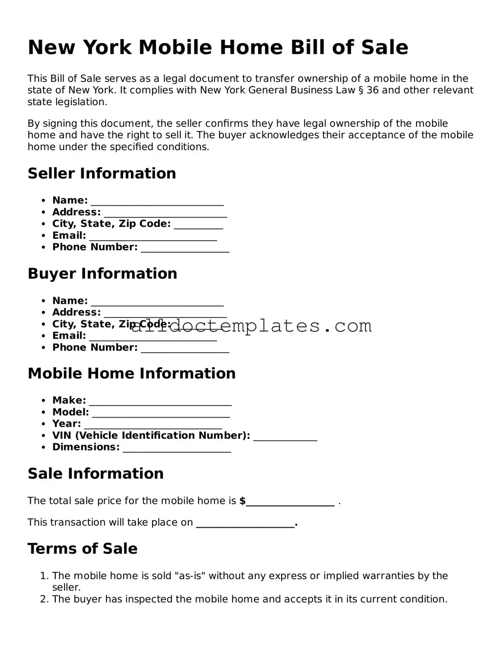 Free Mobile Home Bill of Sale Document for New York State