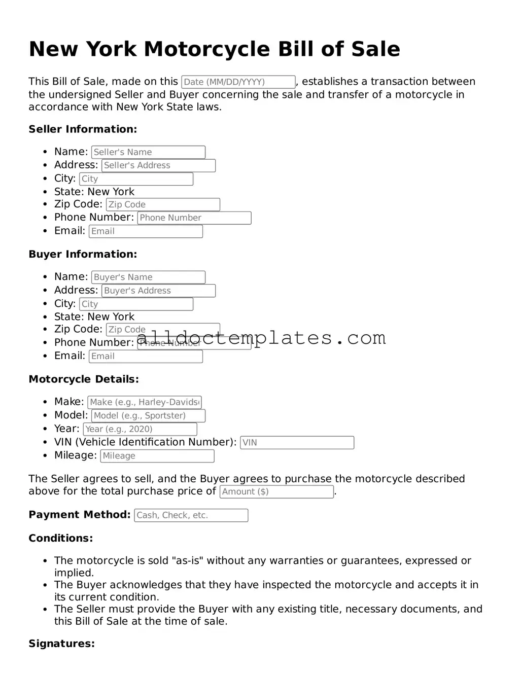 Free Motorcycle Bill of Sale Document for New York State