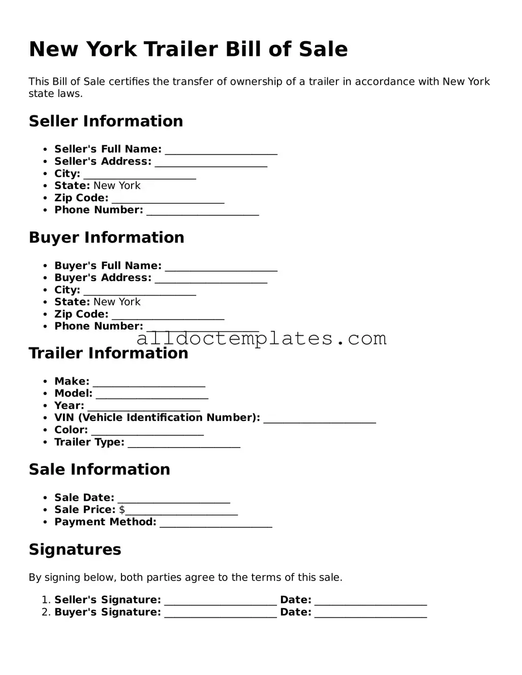 Free Trailer Bill of Sale Document for New York State