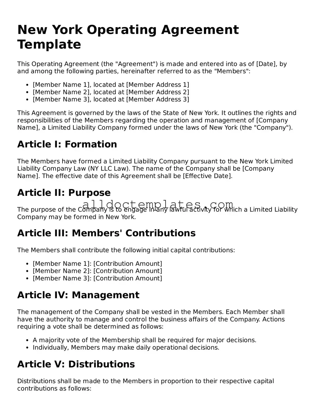 Free Operating Agreement Document for New York State