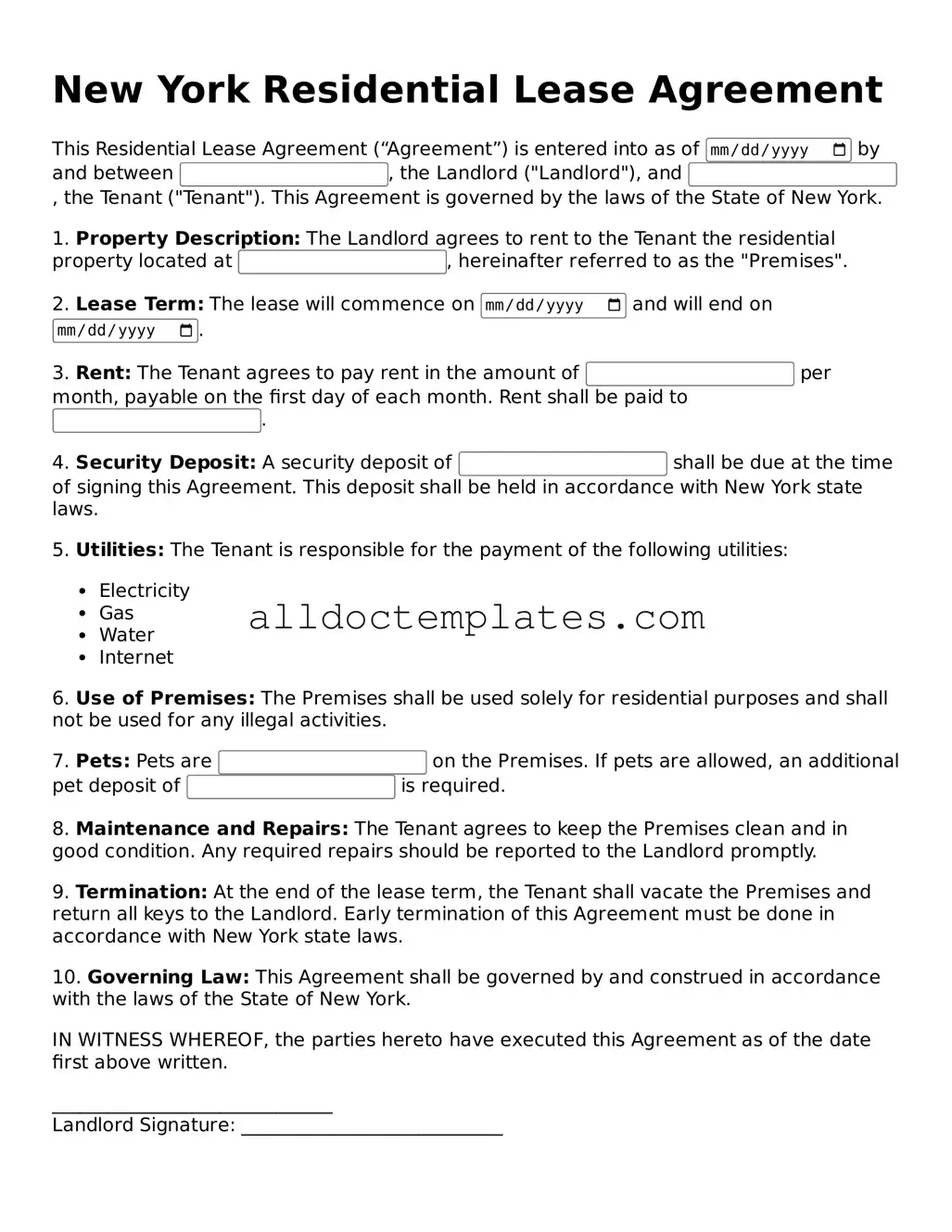 Free Residential Lease Agreement Document for New York State