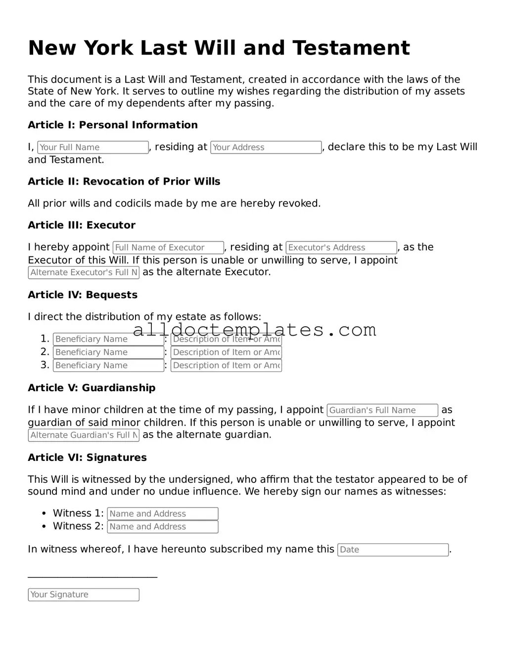 Free Last Will and Testament Document for New York State