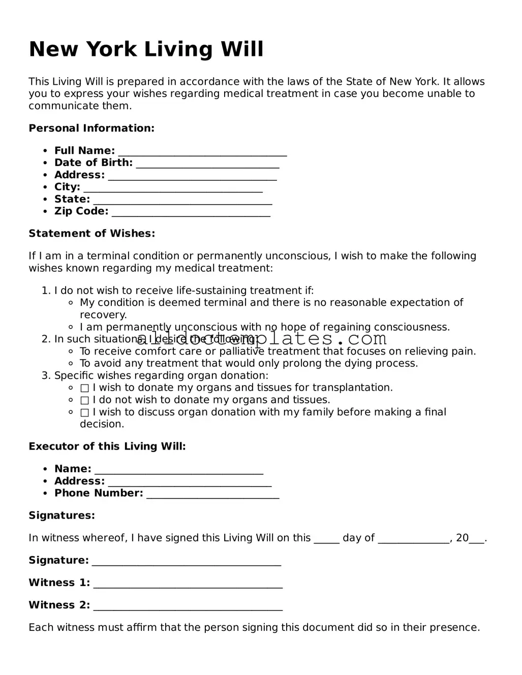 Free Living Will Document for New York State