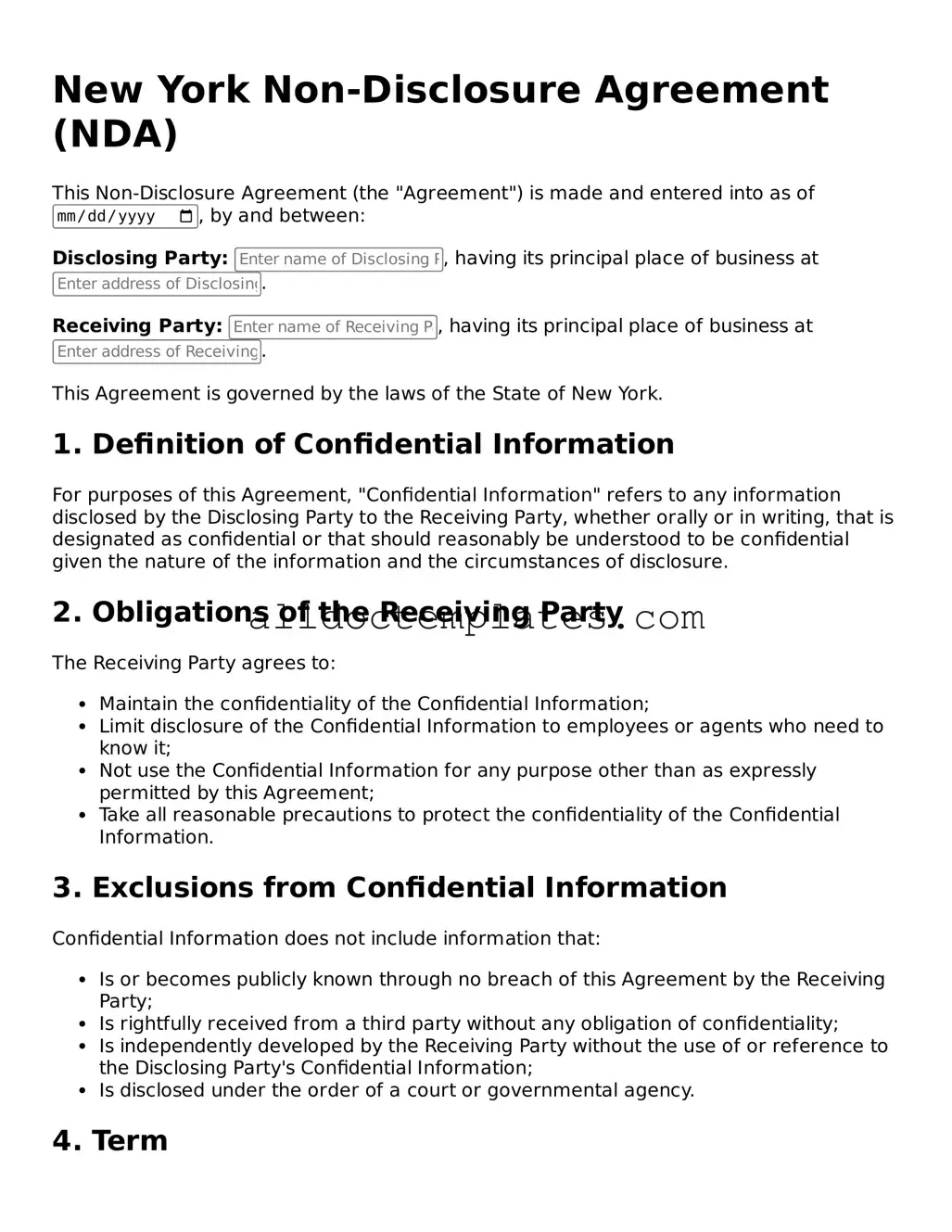 Free Non-disclosure Agreement Document for New York State