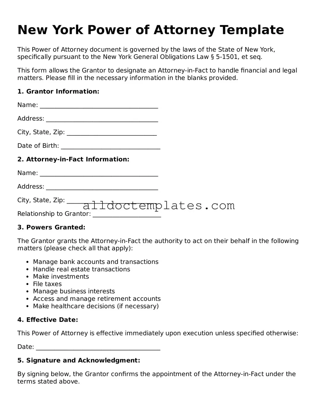 Free Power of Attorney Document for New York State