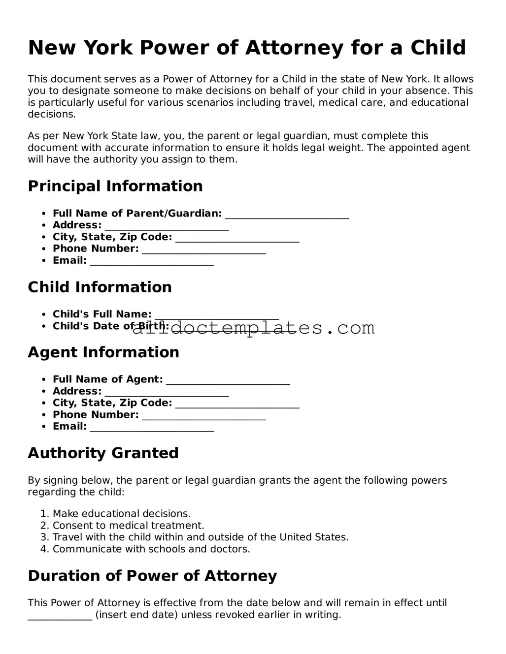 Free Power of Attorney for a Child Document for New York State