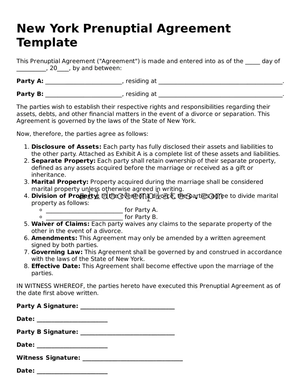 Free Prenuptial Agreement Document for New York State