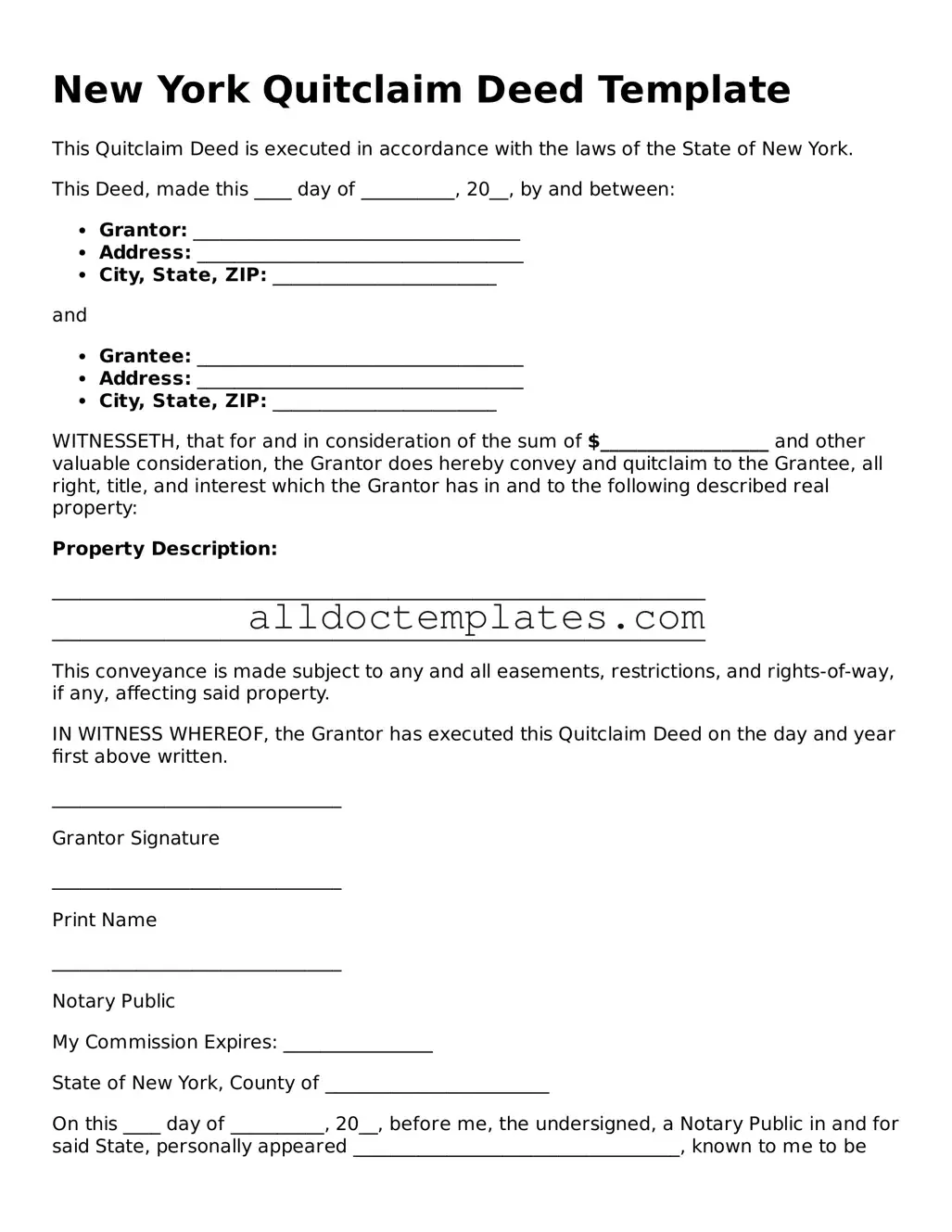 Free Quitclaim Deed Document for New York State
