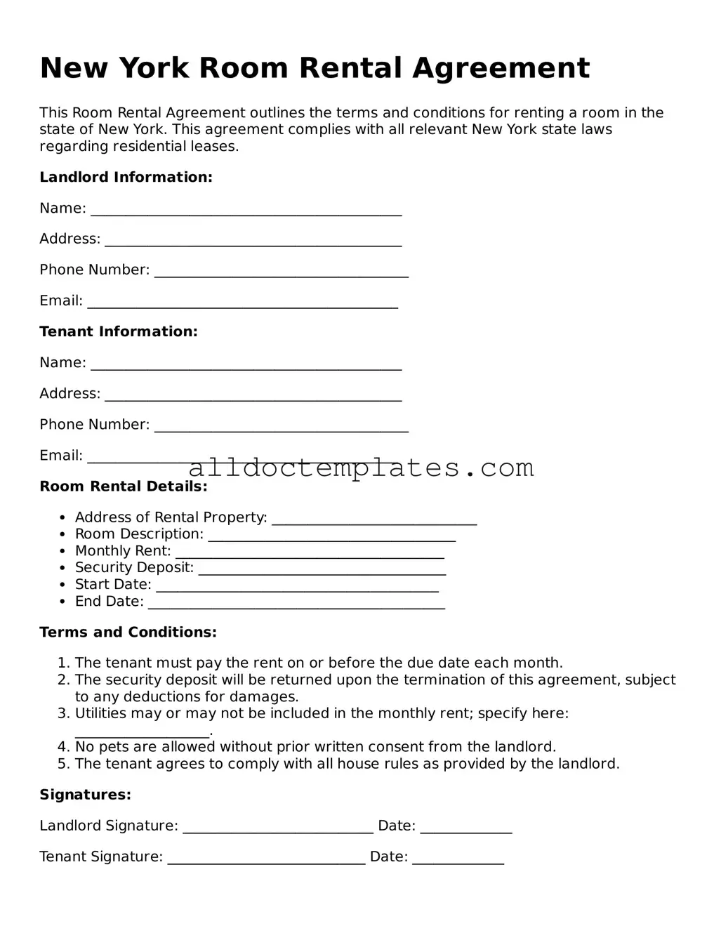 Free Room Rental Agreement Document for New York State