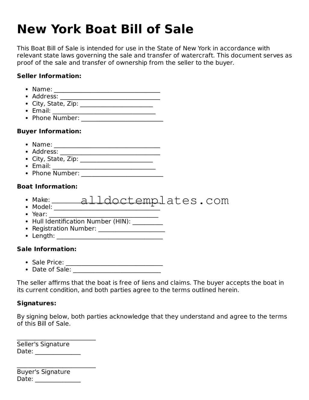 Free Boat Bill of Sale Document for New York State