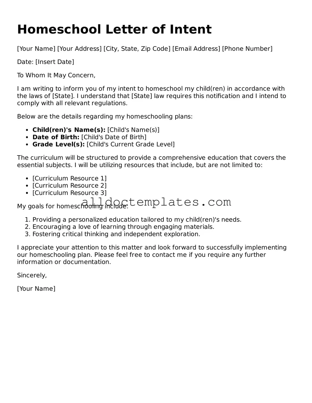 Valid Homeschool Letter of Intent Template