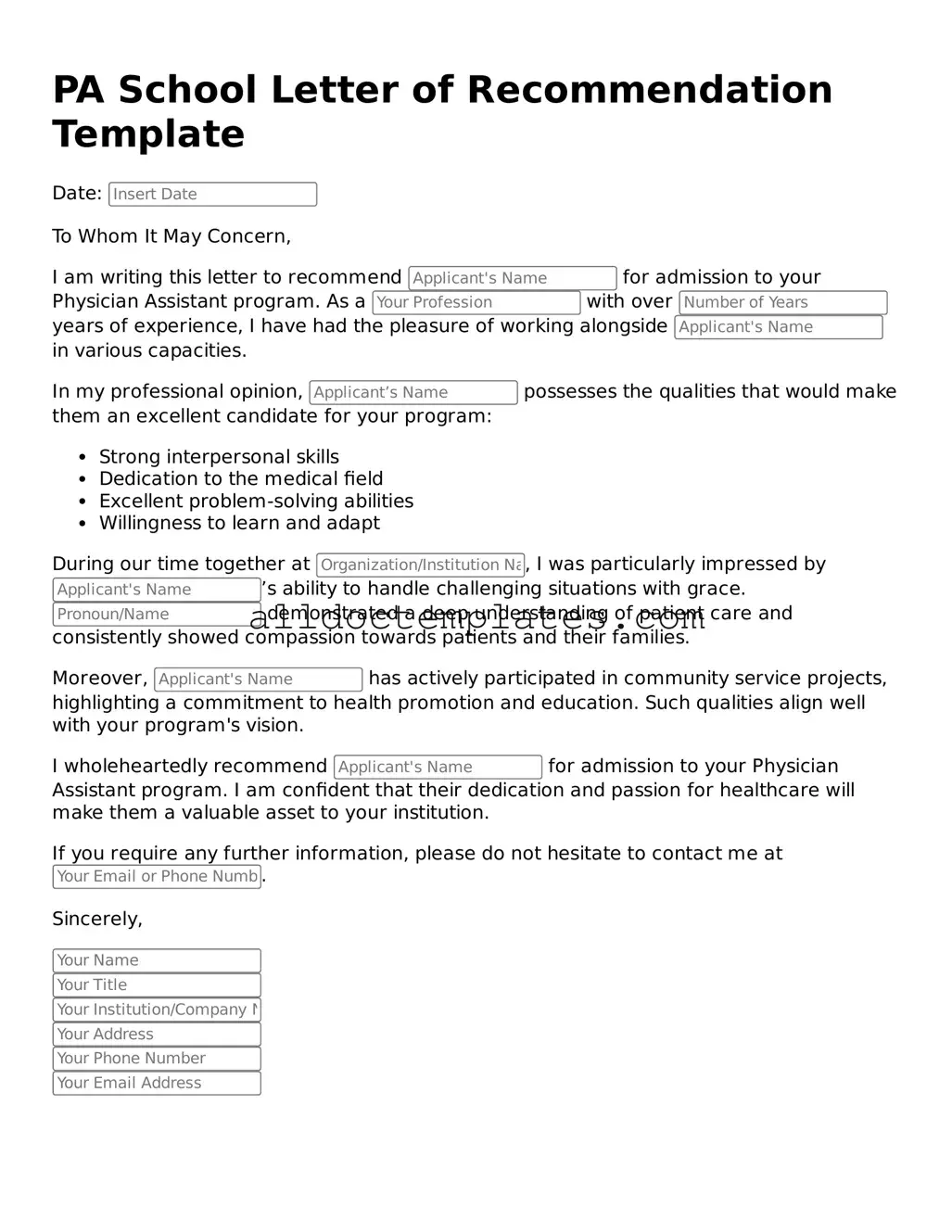 Valid PA School Letter of Recommendation Template