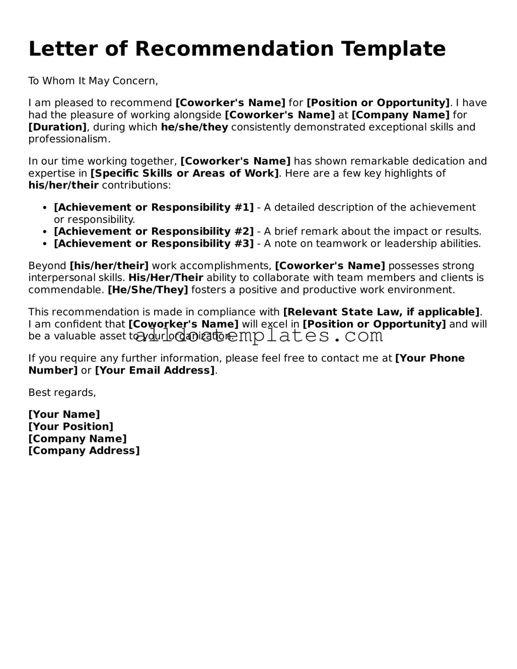 Valid Letter of Recommendation for Coworker Template