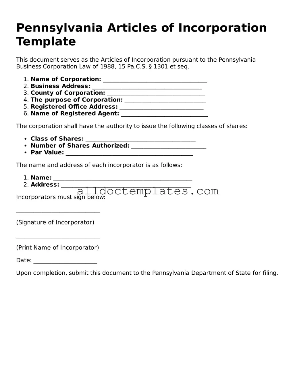 Free Articles of Incorporation Document for Pennsylvania State