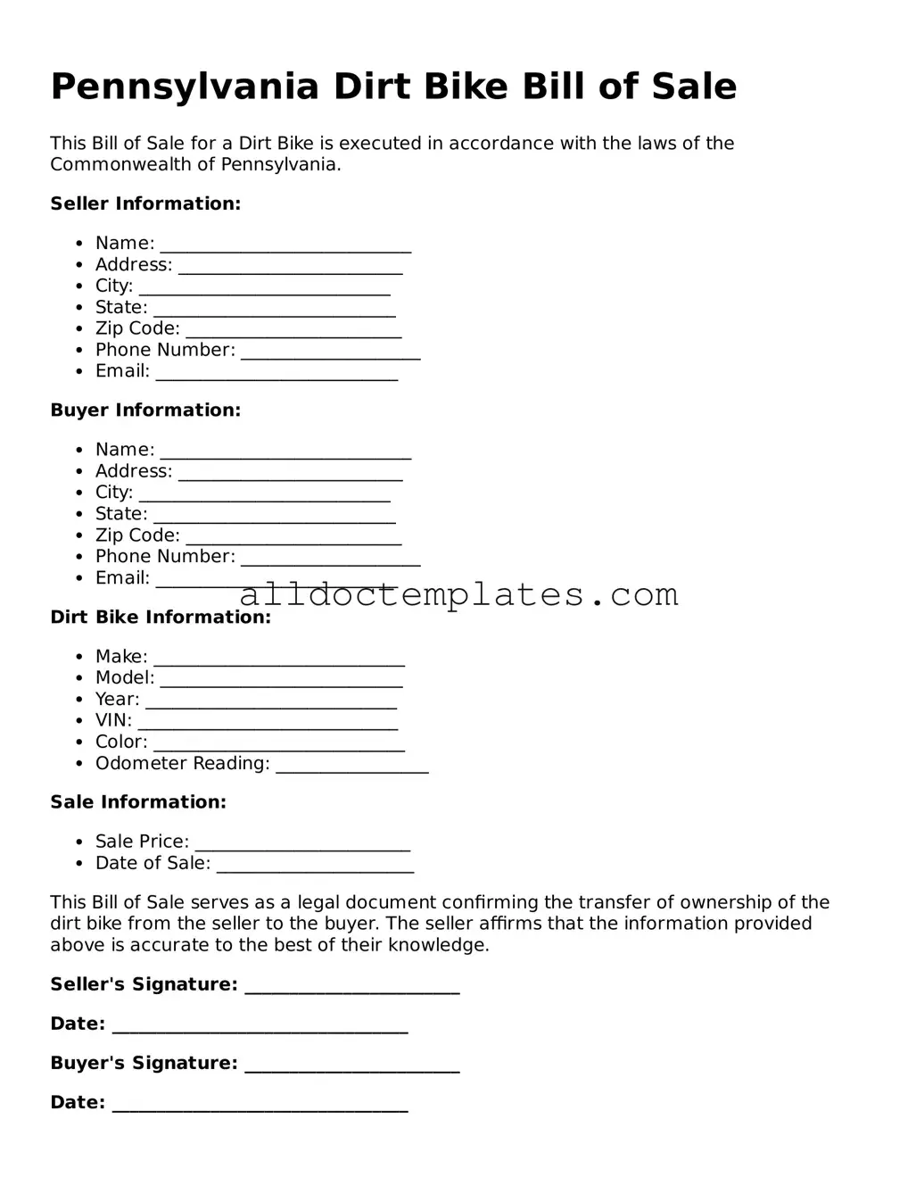 Free Dirt Bike Bill of Sale Document for Pennsylvania State