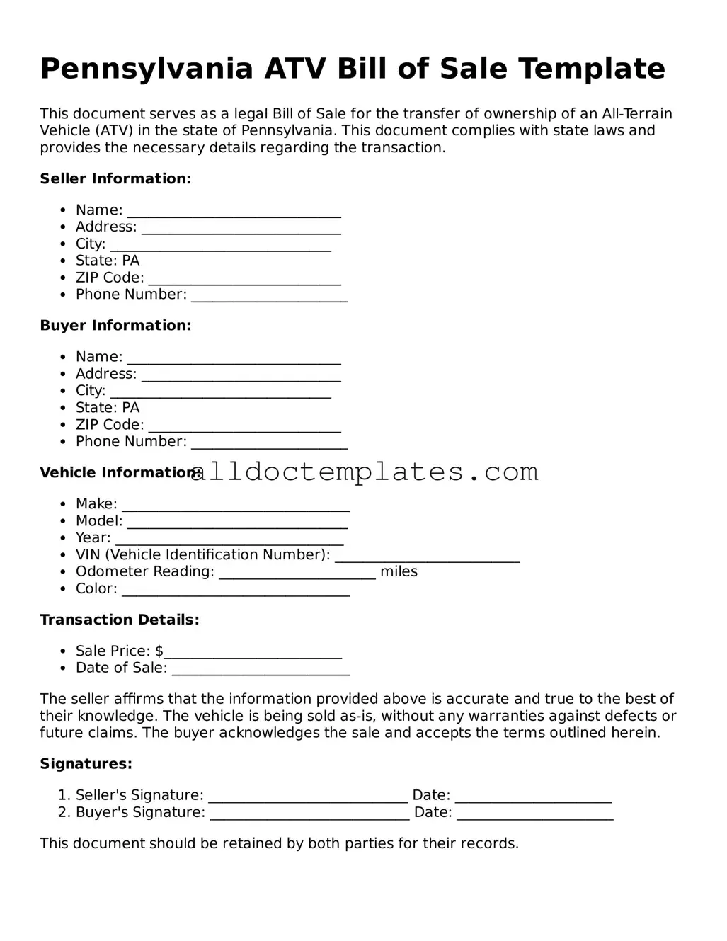Free ATV Bill of Sale Document for Pennsylvania State