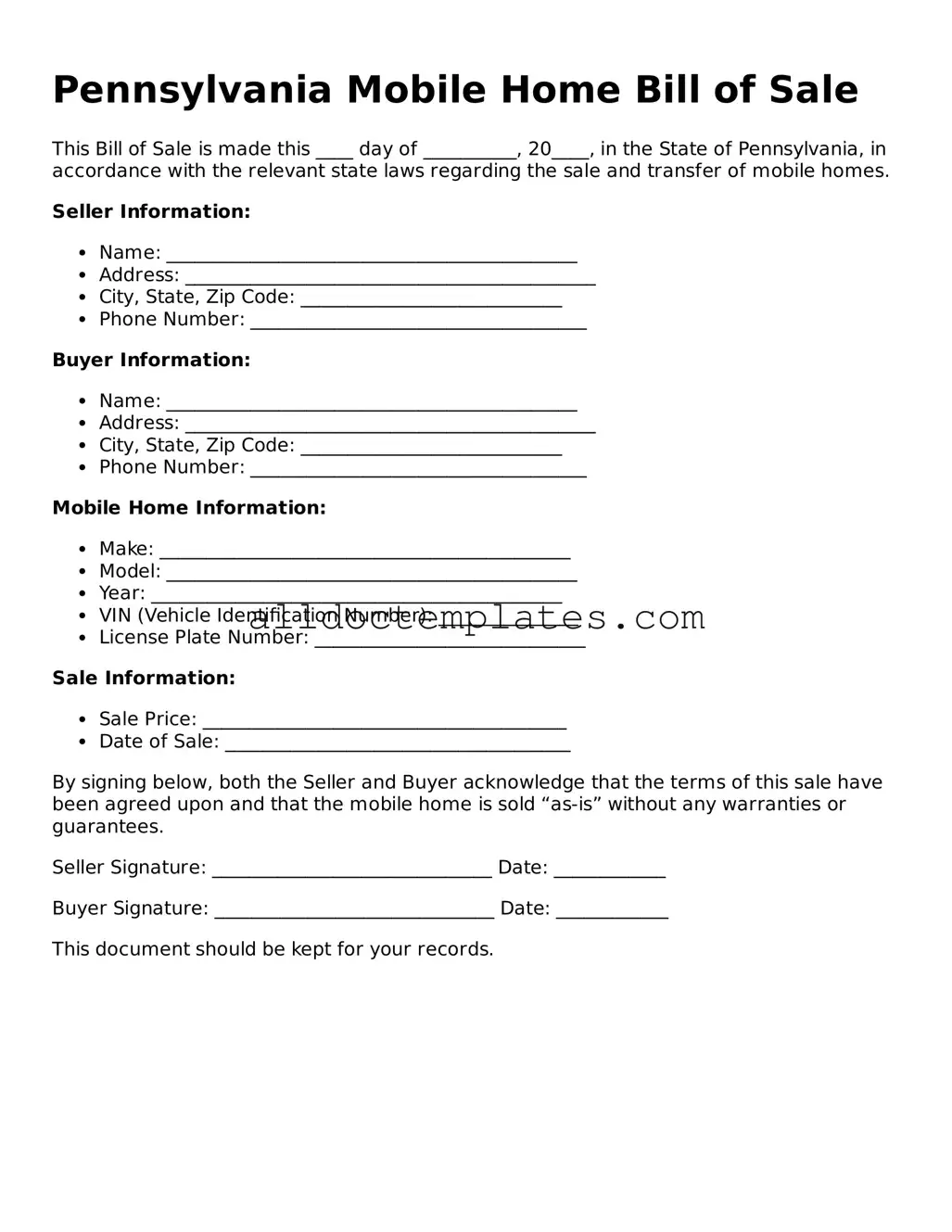 Free Mobile Home Bill of Sale Document for Pennsylvania State
