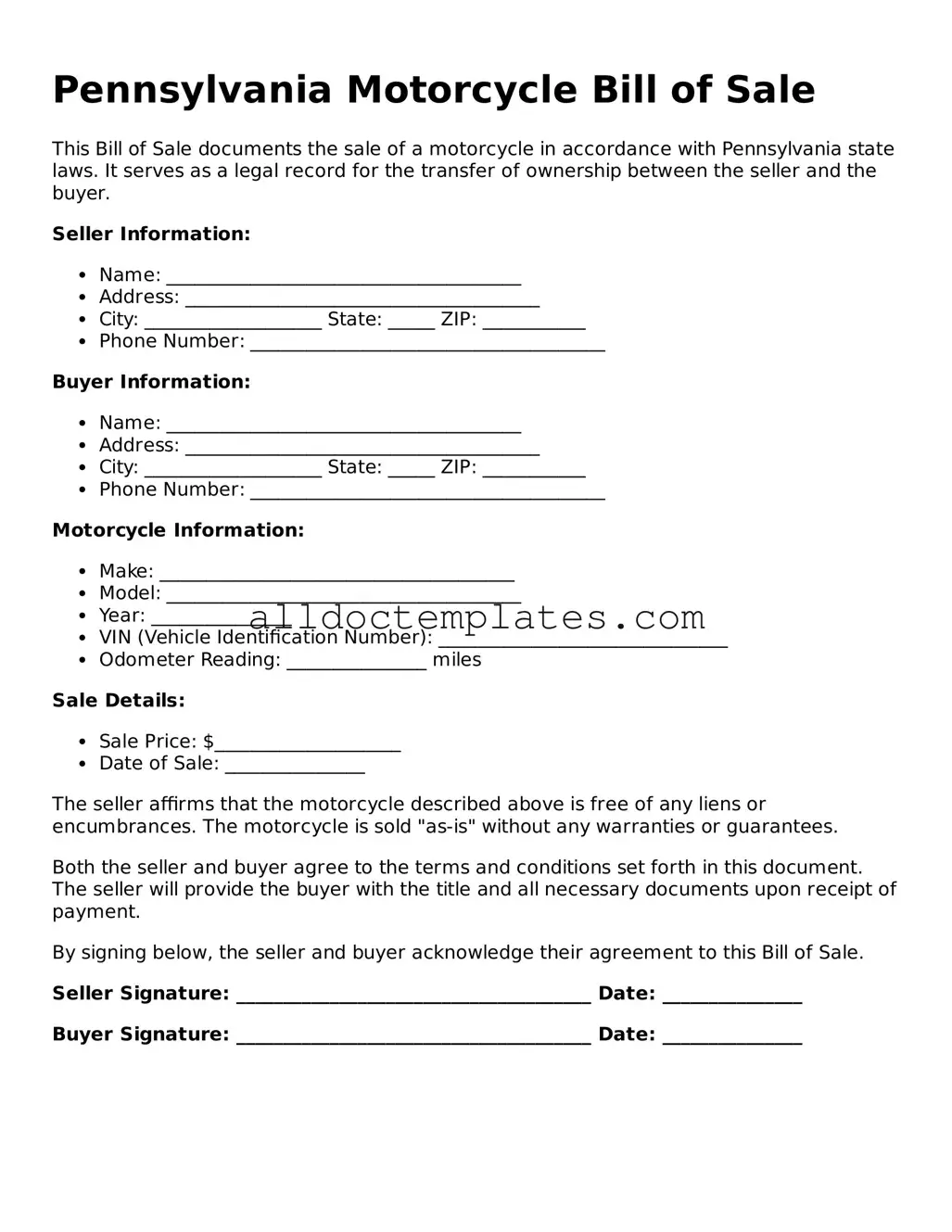 Free Motorcycle Bill of Sale Document for Pennsylvania State