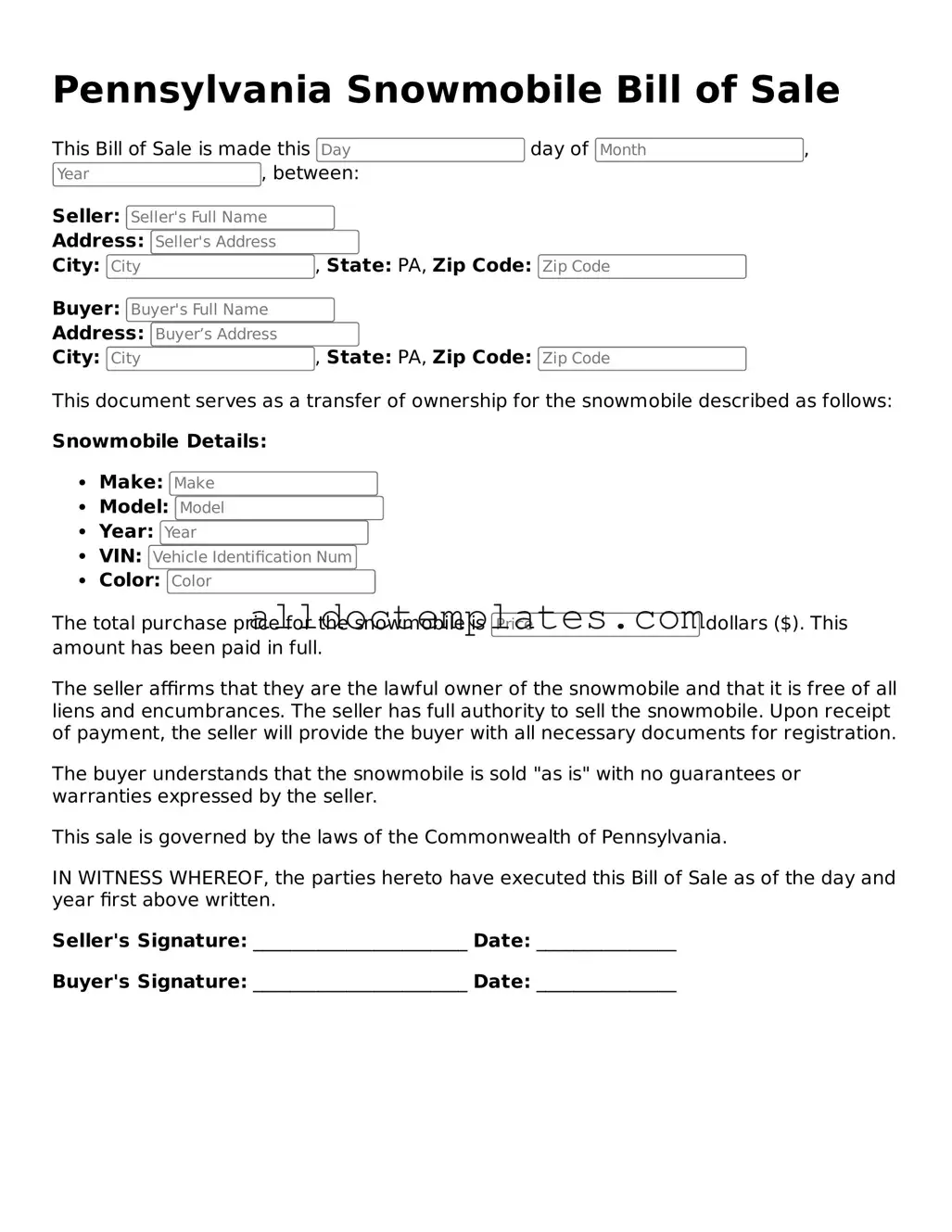 Free Snowmobile Bill of Sale Document for Pennsylvania State