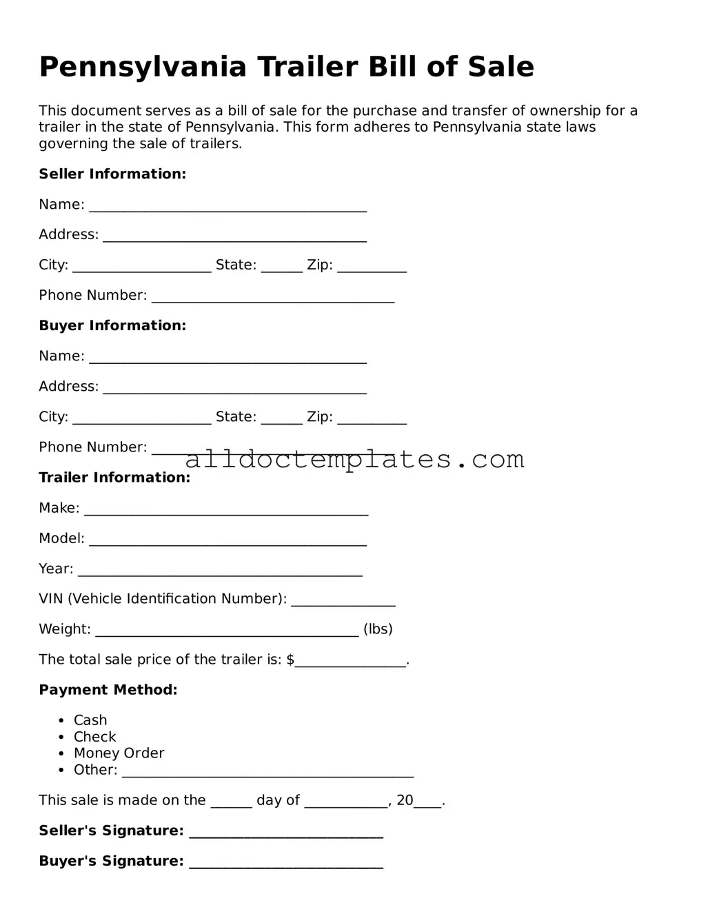 Free Trailer Bill of Sale Document for Pennsylvania State