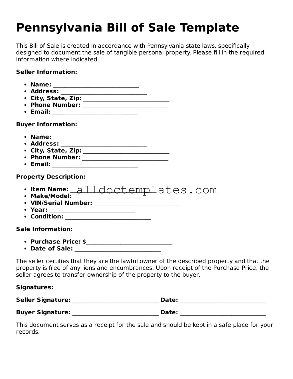 Free Bill of Sale Document for Pennsylvania State