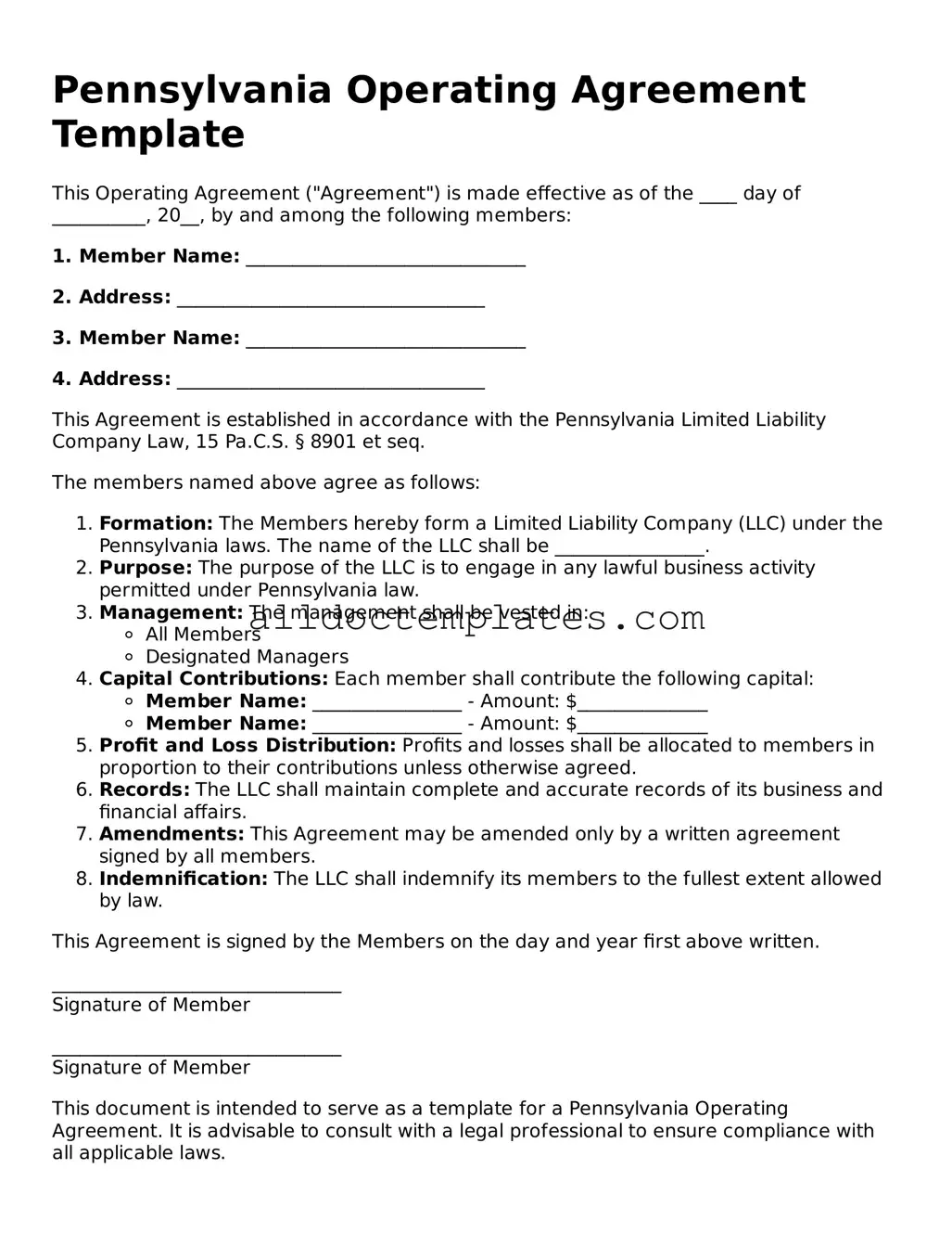 Free Operating Agreement Document for Pennsylvania State