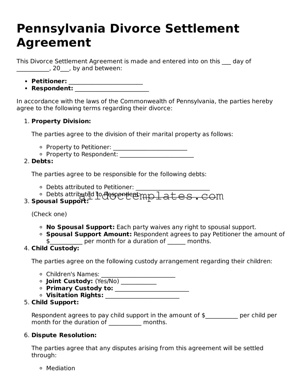 Free Divorce Settlement Agreement Document for Pennsylvania State