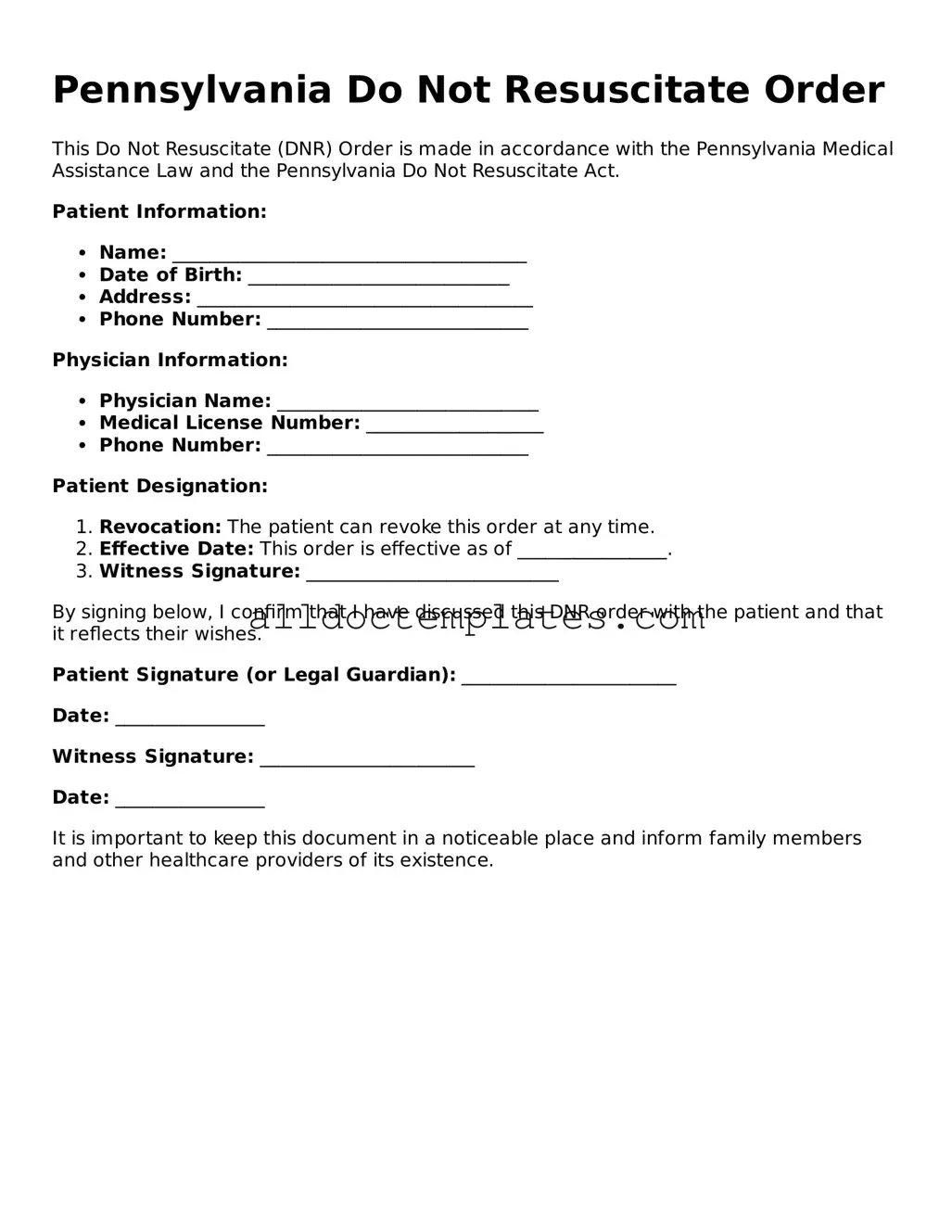 Free Do Not Resuscitate Order Document for Pennsylvania State