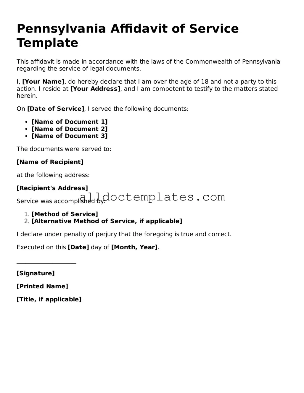 Free Affidavit of Service Document for Pennsylvania State