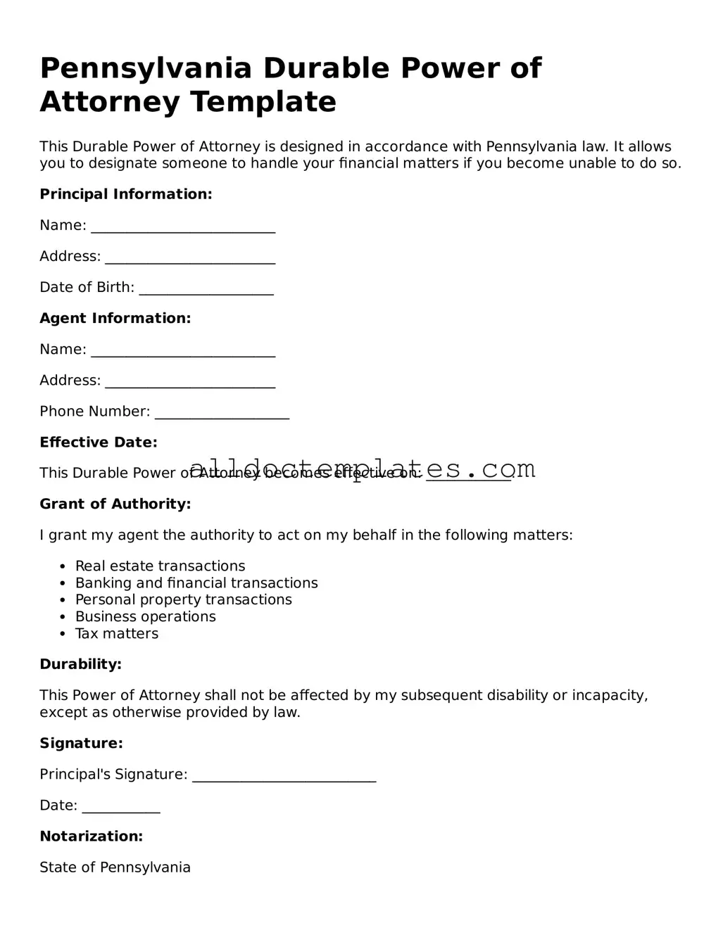 Free Durable Power of Attorney Document for Pennsylvania State