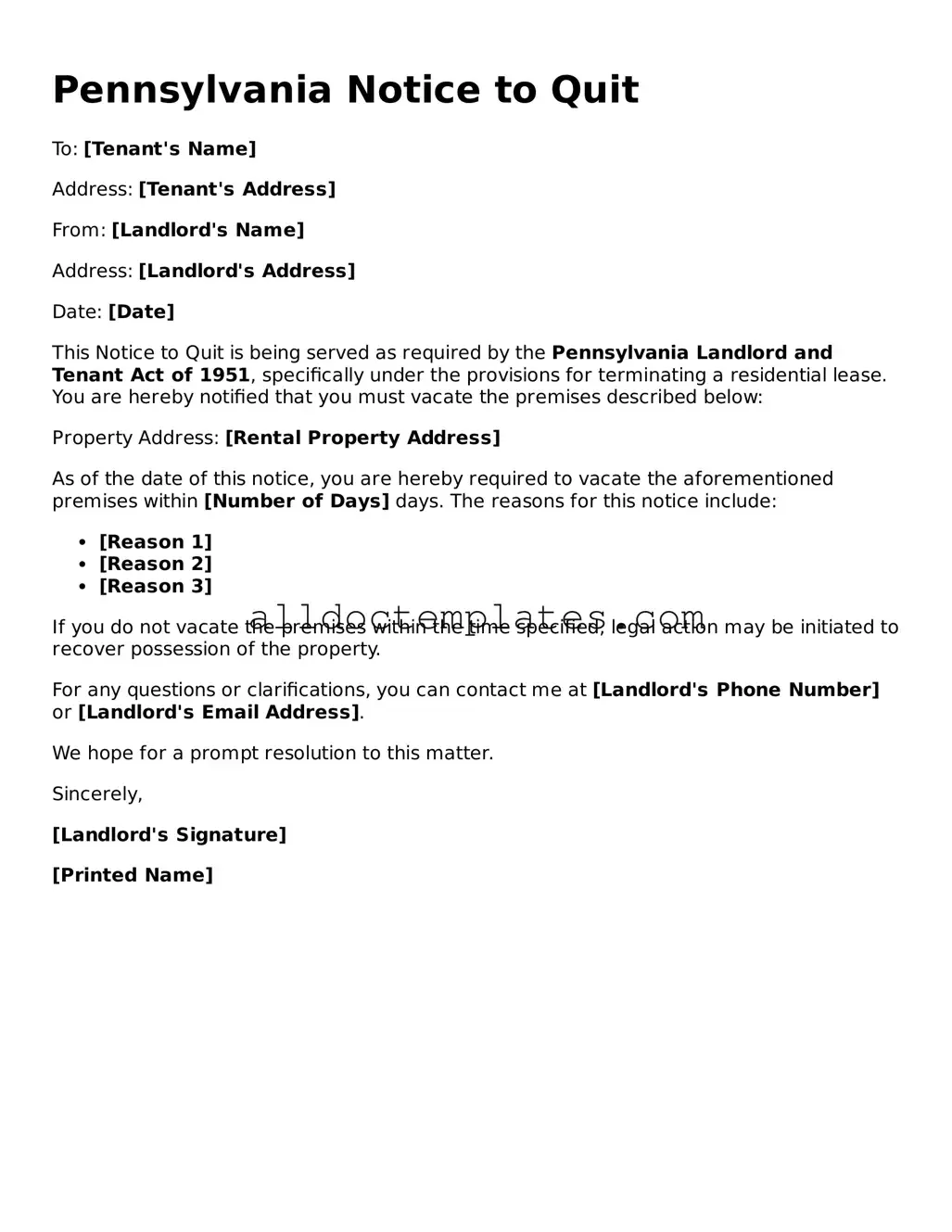 Free Notice to Quit Document for Pennsylvania State
