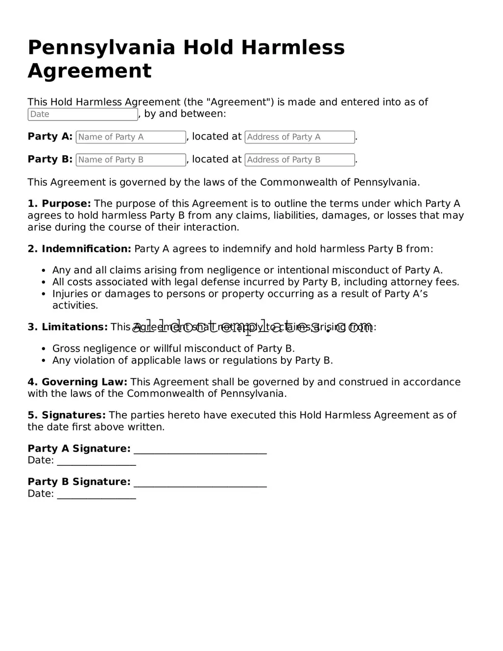Free Hold Harmless Agreement Document for Pennsylvania State