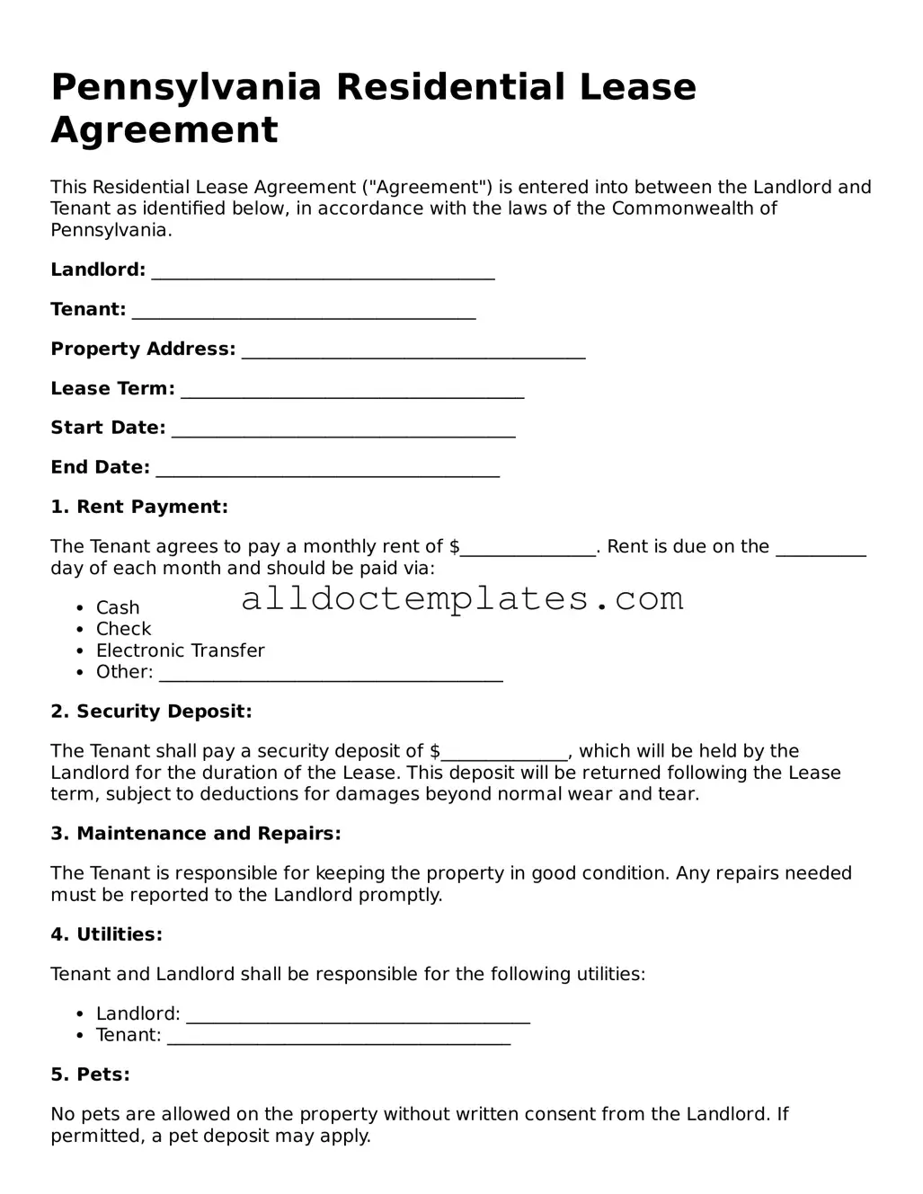 Free Residential Lease Agreement Document for Pennsylvania State