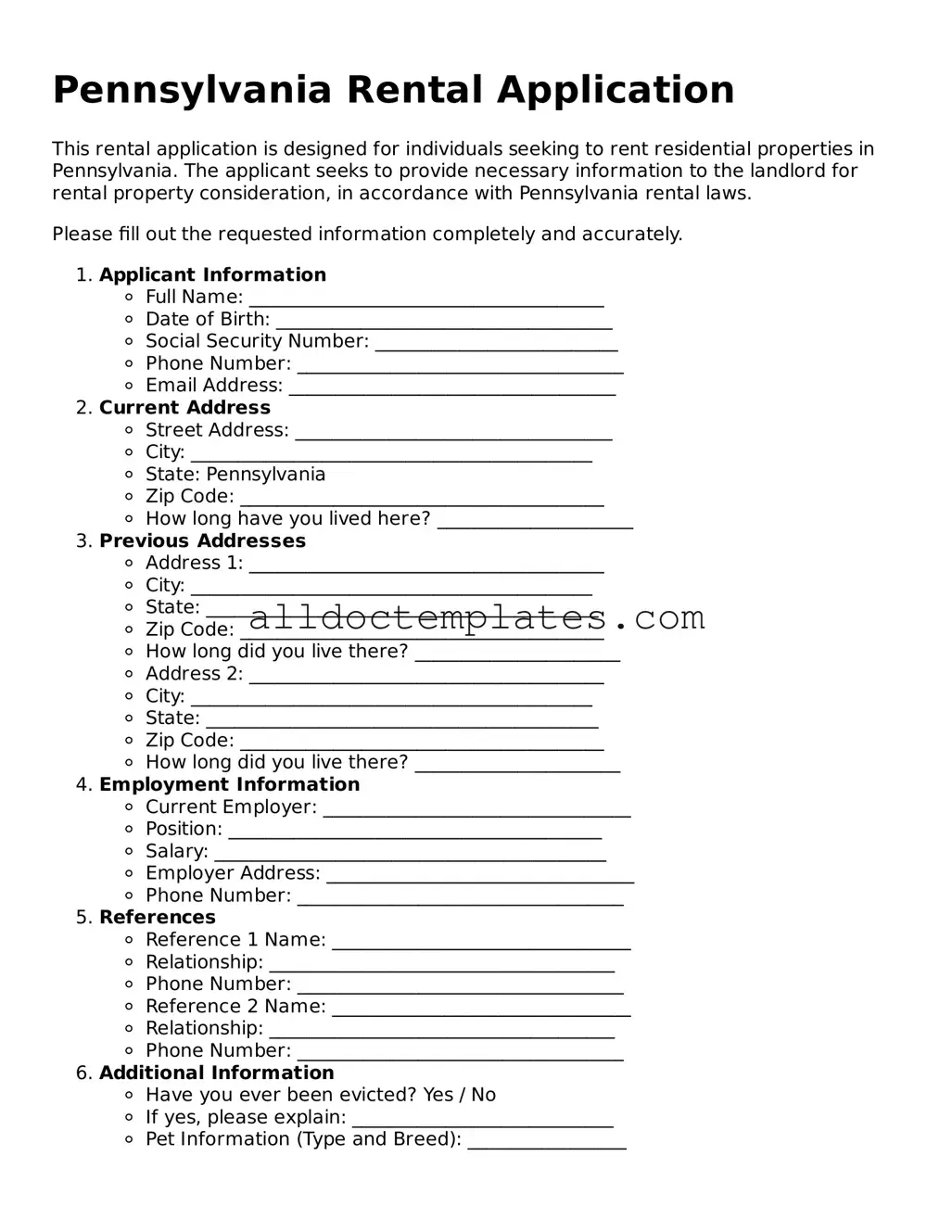 Free Rental Application Document for Pennsylvania State