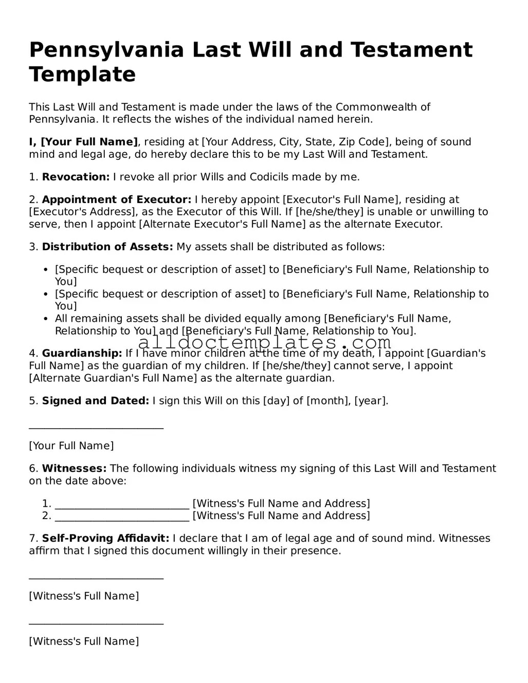 Free Last Will and Testament Document for Pennsylvania State
